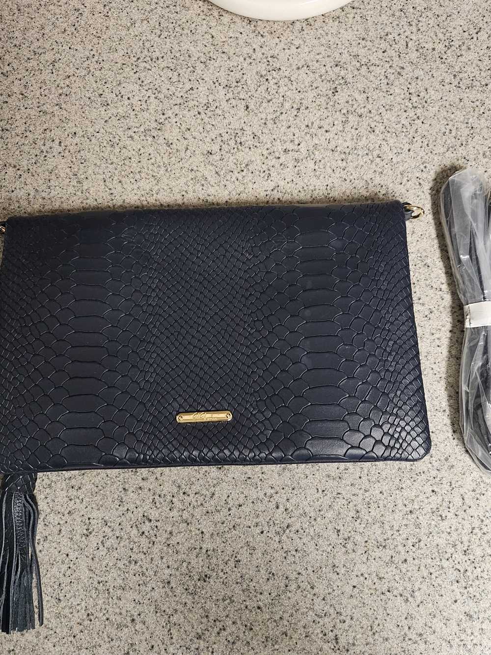 GiGi New York Navy Embossed Clutch with Tassel Or Crossbody
